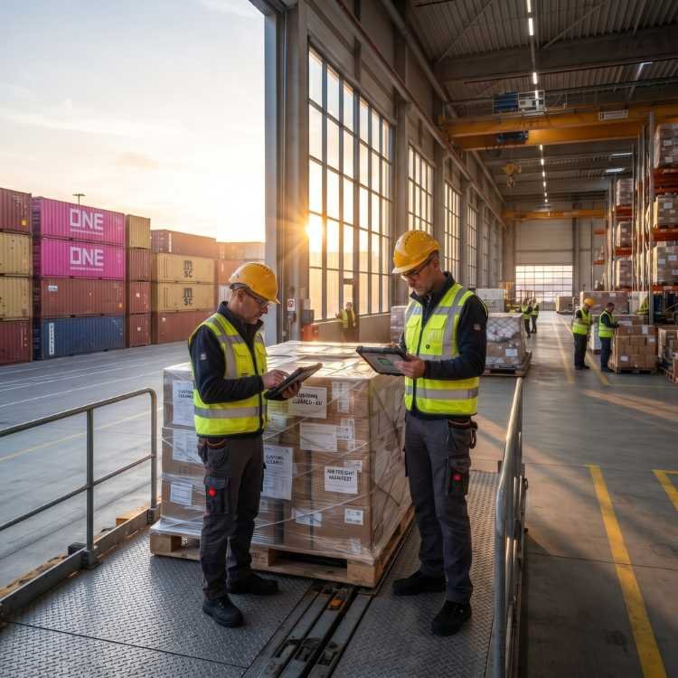 Customs clearance officers checking cargo manifest at a warehouse